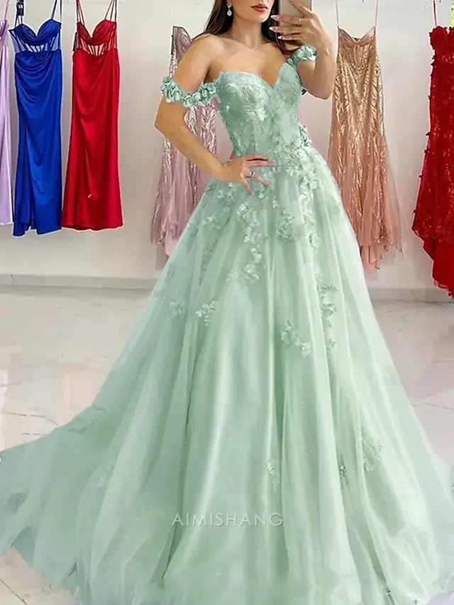 Aimishang Beautiful A Line Off the Shoulder Long Formal Prom Dress with Appliques Elegant Evening Party Gown Charming Birthday Party Dress