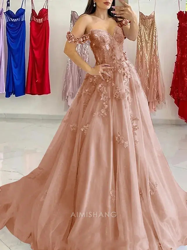 Aimishang Beautiful A Line Off the Shoulder Long Formal Prom Dress with Appliques Elegant Evening Party Gown Charming Birthday Party Dress