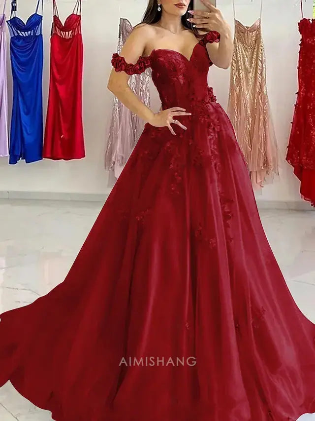 Aimishang Beautiful A Line Off the Shoulder Long Formal Prom Dress with Appliques Elegant Evening Party Gown Charming Birthday Party Dress
