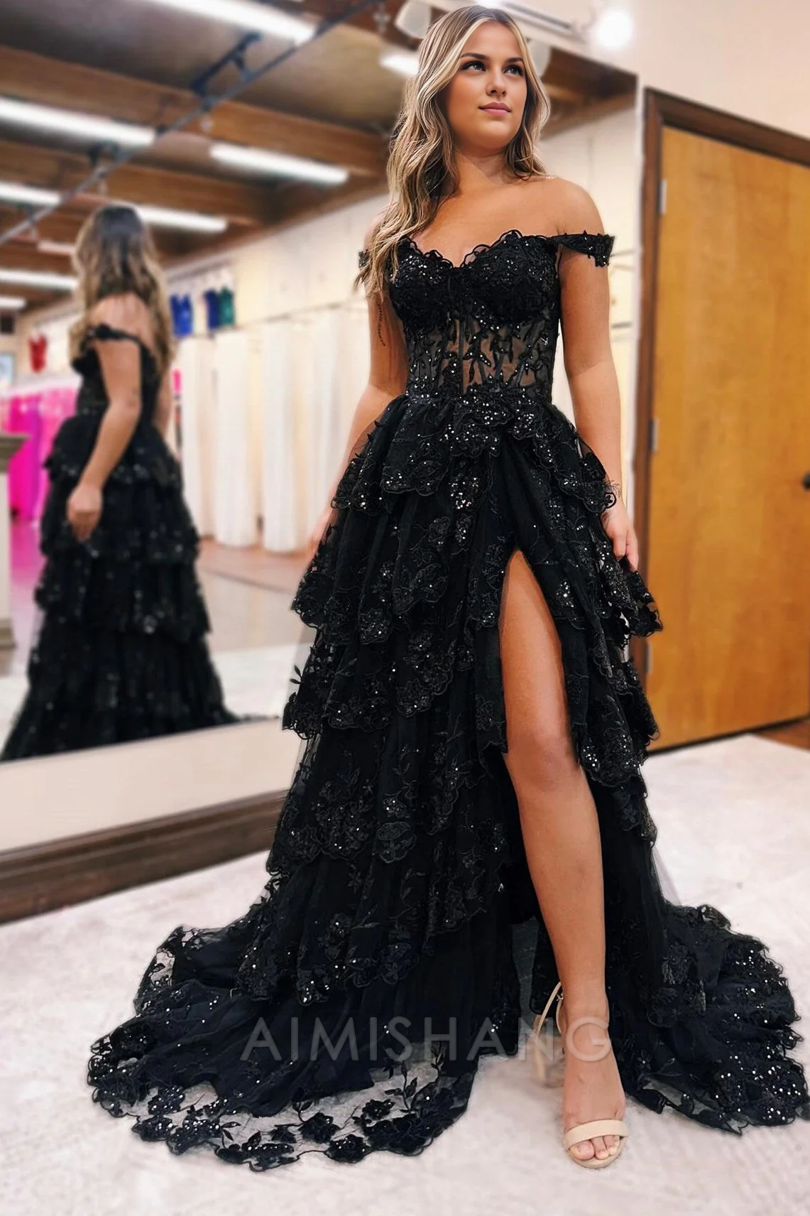 Aimishang A Line Tulle Appliques Off-the-Shoulder Ruffle Long Prom Dress Sweetheart Tiered Skirt Corset Lace Formal Dress Charming Evening Party Sparkly Dress