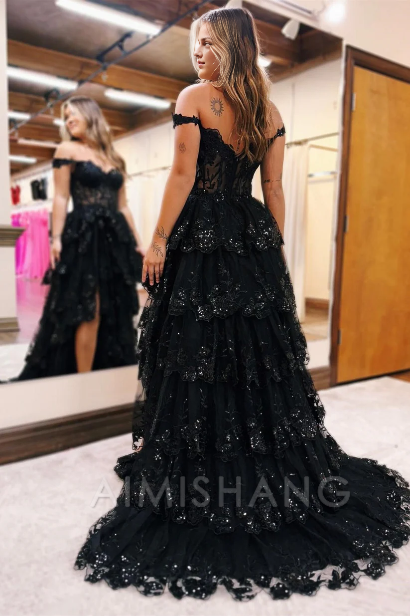 Aimishang A Line Tulle Appliques Off-the-Shoulder Ruffle Long Prom Dress Sweetheart Tiered Skirt Corset Lace Formal Dress Charming Evening Party Sparkly Dress