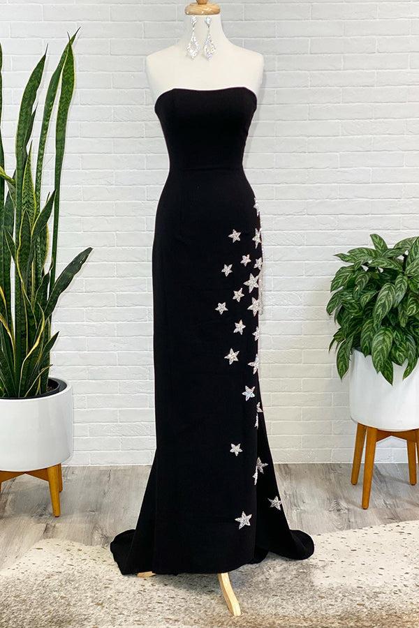 Wholesale Prom Dress with Stars and Fringes Black Strapless Sheath