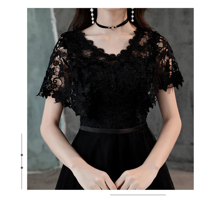 Black Lace and Tulle Long A-line Simple Evening Dress Formal Dress Prom Dress Elegant Evening Dress Wholesale