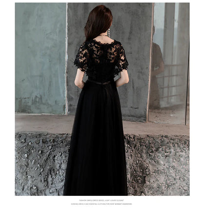 Black Lace and Tulle Long A-line Simple Evening Dress Formal Dress Prom Dress Elegant Evening Dress Wholesale