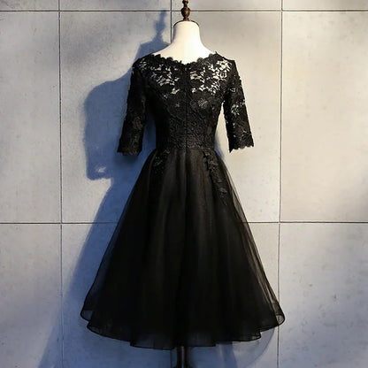 Black Lace and Tulle Short Sleeves Party Dresses Formal Dress Homecoming Dress Evening Dress