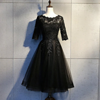 Black Lace and Tulle Short Sleeves Party Dresses Formal Dress Homecoming Dress Evening Dress