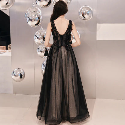 Black V-neckline Tulle Lace Applique Long Party Dress Prom Dresses Evening Dresses A Line Elegant Wholesale