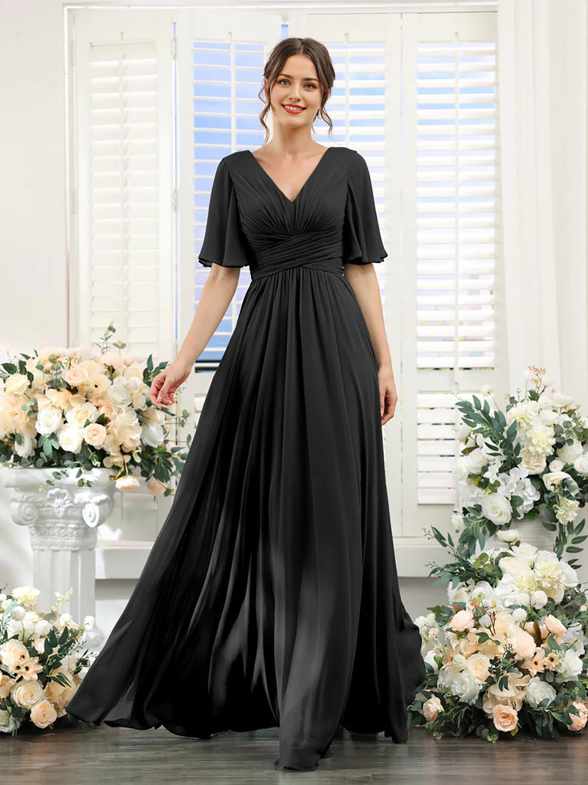 Wholesale A-Line Bridesmaid Dress for Wedding Guest V-Neck Sleeve Long Chiffon Formal Party Dresses with Slit