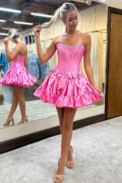 Aimishang Homecoming Dress A-Line Strapless Short Satin With Bowknot Black