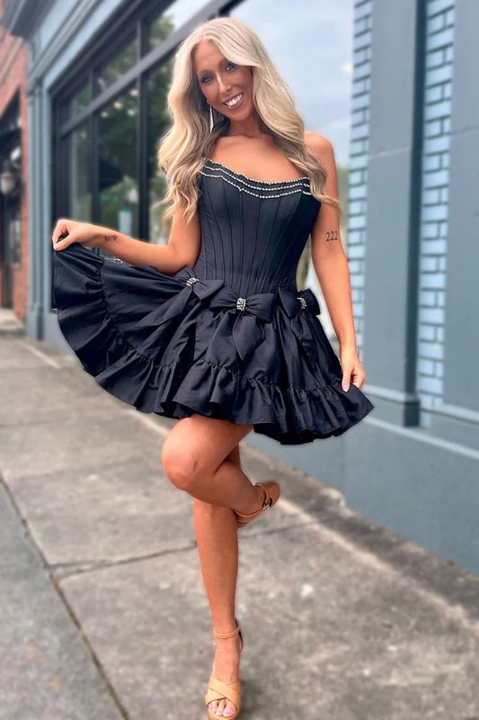 Aimishang Homecoming Dress A-Line Strapless Short Satin With Bowknot Black