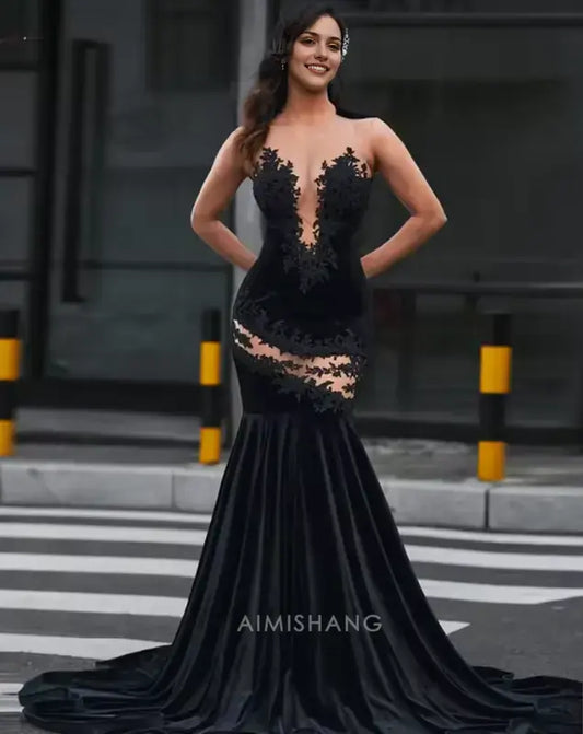 Aimishang Black Mermaid Sleeveless Long Formal Prom Dress with Appliques Sexy Party Evening Gowns Charming Graduation Dress No With Gloves