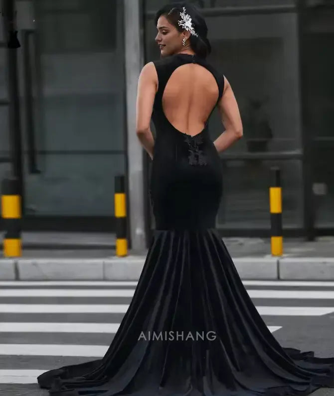 Aimishang Black Mermaid Sleeveless Long Formal Prom Dress with Appliques Sexy Party Evening Gowns Charming Graduation Dress No With Gloves