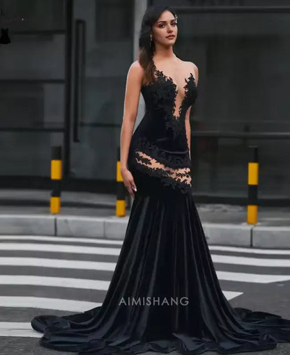 Aimishang Black Mermaid Sleeveless Long Formal Prom Dress with Appliques Sexy Party Evening Gowns Charming Graduation Dress No With Gloves