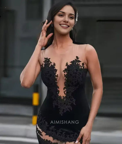 Aimishang Black Mermaid Sleeveless Long Formal Prom Dress with Appliques Sexy Party Evening Gowns Charming Graduation Dress No With Gloves