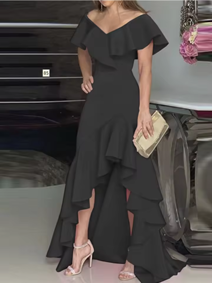 Aimishang Elegant V-neck Evening Gown Asymmetrical Off Shoulder Wedding Guest Dresses with Ruffles