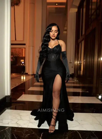 Aimishang Black Mermaid Evening Party Dress With Slit Sexy Long Formal Prom Dress Charming Graduation Dress No With Gloves