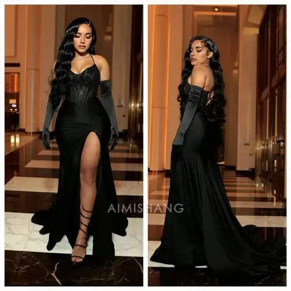 Aimishang Black Mermaid Evening Party Dress With Slit Sexy Long Formal Prom Dress Charming Graduation Dress No With Gloves