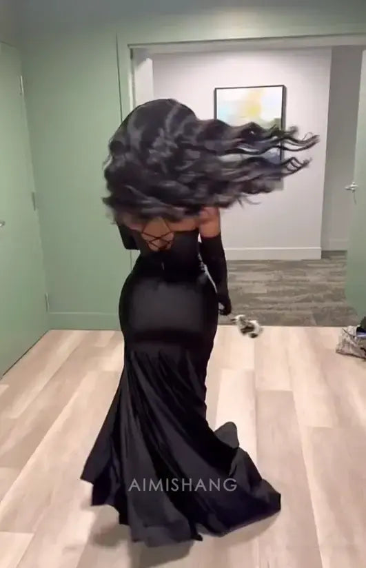 Aimishang Black Mermaid Evening Party Dress With Slit Sexy Long Formal Prom Dress Charming Graduation Dress No With Gloves