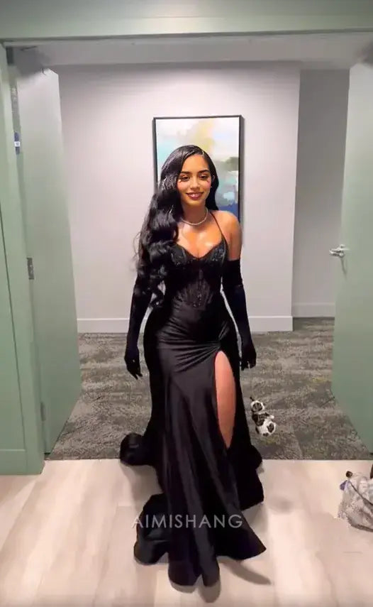 Aimishang Black Mermaid Evening Party Dress With Slit Sexy Long Formal Prom Dress Charming Graduation Dress No With Gloves