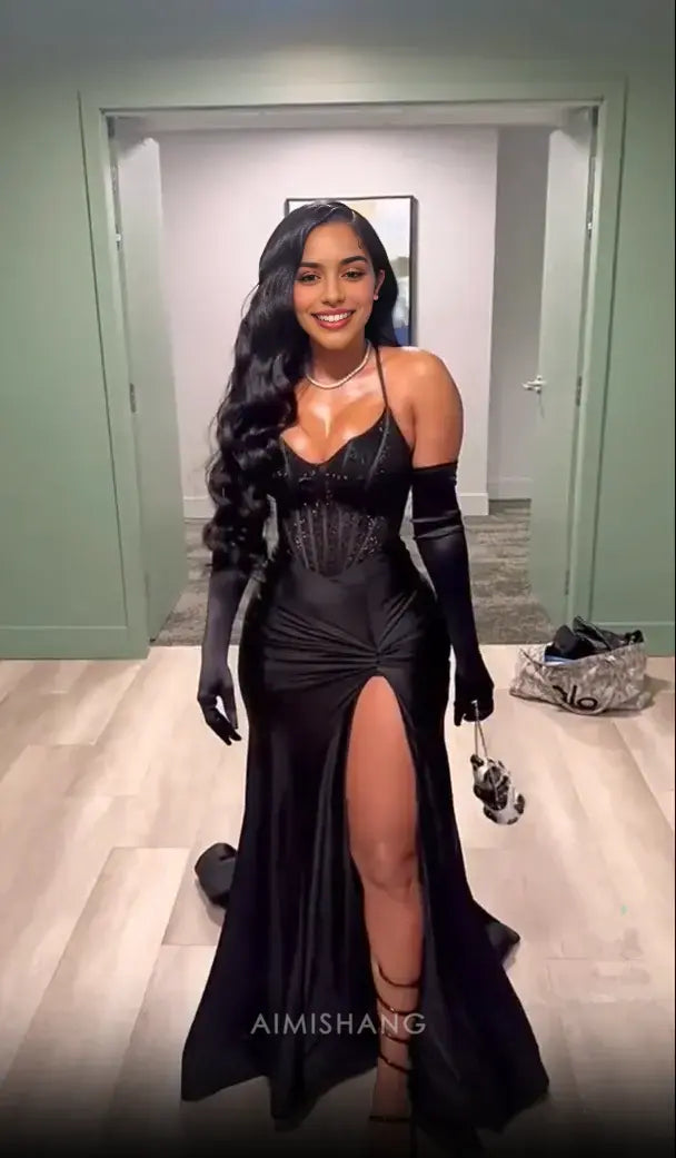 Aimishang Black Mermaid Evening Party Dress With Slit Sexy Long Formal Prom Dress Charming Graduation Dress No With Gloves