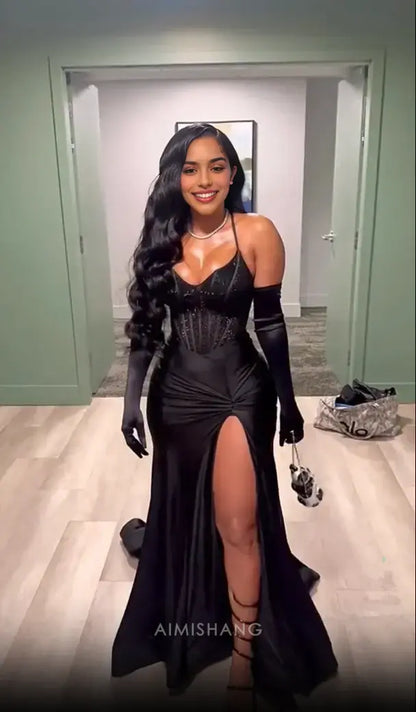 Aimishang Black Mermaid Evening Party Dress With Slit Sexy Long Formal Prom Dress Charming Graduation Dress No With Gloves