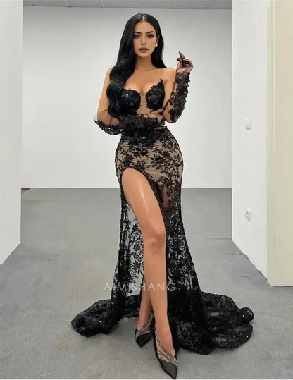 Aimishang Black Mermaid Strapless Sleeveless Long Formal Prom Dress With Slit Sexy Evening Dress Charming Birthday Party Dress No With Gloves