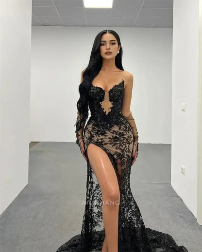 Aimishang Black Mermaid Strapless Sleeveless Long Formal Prom Dress With Slit Sexy Evening Dress Charming Birthday Party Dress No With Gloves