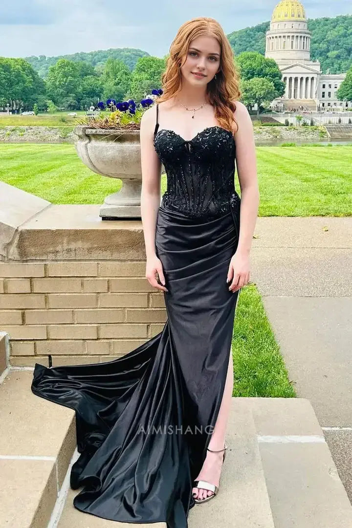 Aimishang Black Mermaid Sweetheart Sleeveless Long Formal Prom Dress With Slit Sexy Party Evening Gown Charming Graduation Dress