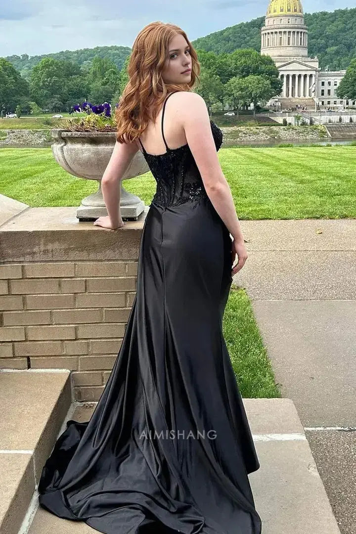 Aimishang Black Mermaid Sweetheart Sleeveless Long Formal Prom Dress With Slit Sexy Party Evening Gown Charming Graduation Dress