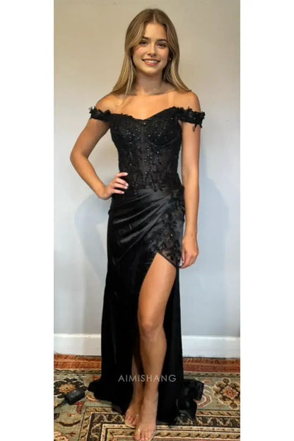 Aimishang Black Sheath Off the Shoulder Long Formal Prom Dress With Slit Elegant Evening Party Dress Sexy Graduation Dress