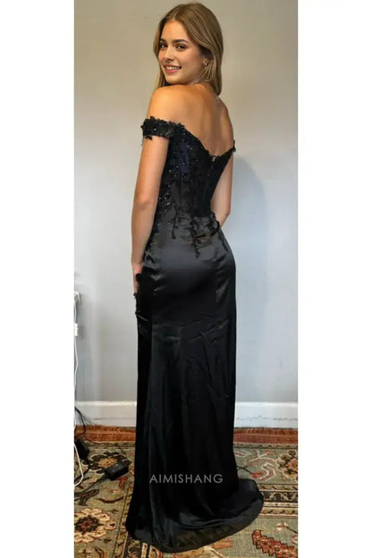 Aimishang Black Sheath Off the Shoulder Long Formal Prom Dress With Slit Elegant Evening Party Dress Sexy Graduation Dress