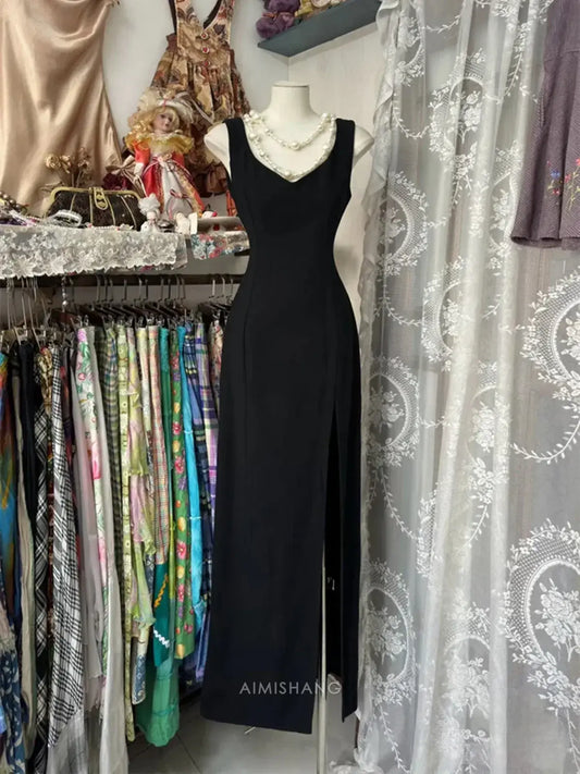 Aimishang Black Sheath Sleeveless Long Formal Prom Dress With Slit Elegant Party Evening Gown Simple Graduation Dress
