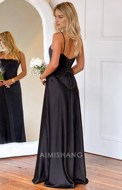 Aimishang Black Spaghetti Straps Sleeveless Lace-up Satin Prom Dress Long Formal Dress Simple Evening Party Dress