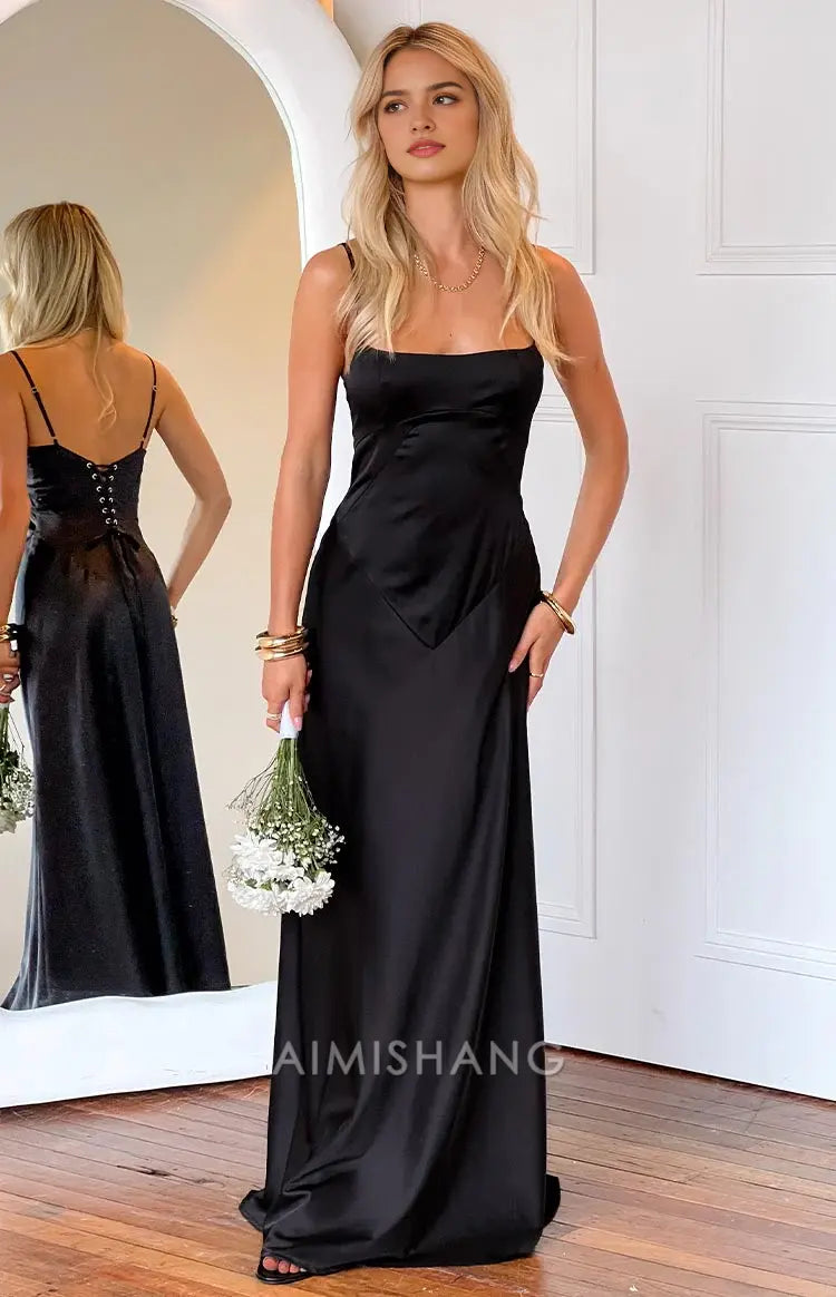 Aimishang Black Spaghetti Straps Sleeveless Lace-up Satin Prom Dress Long Formal Dress Simple Evening Party Dress