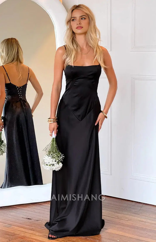 Aimishang Black Spaghetti Straps Sleeveless Lace-up Satin Prom Dress Long Formal Dress Simple Evening Party Dress