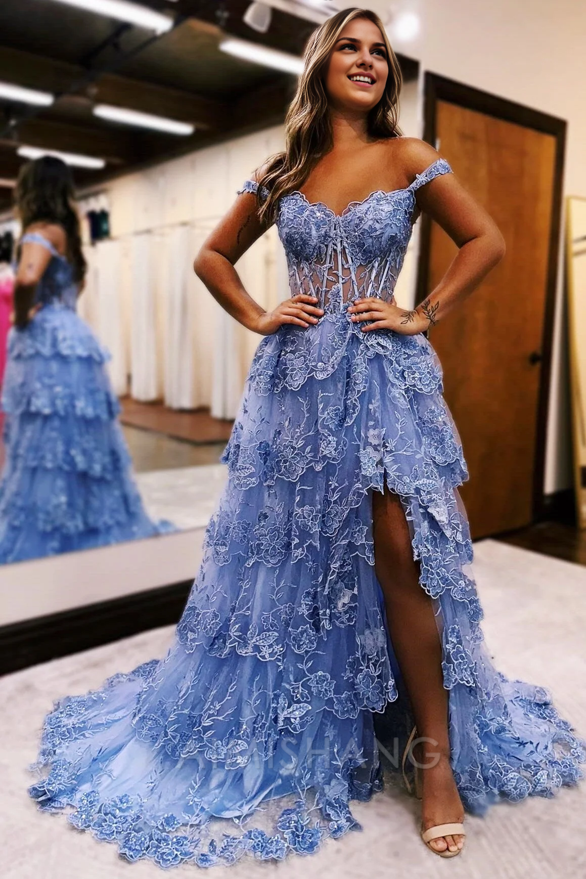 Aimishang A Line Tulle Appliques Off-the-Shoulder Ruffle Long Prom Dress Sweetheart Tiered Skirt Corset Lace Formal Dress Charming Evening Party Sparkly Dress
