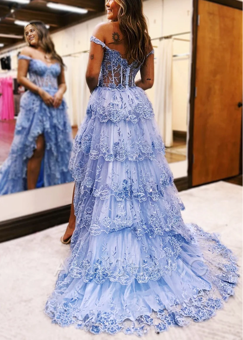 Aimishang A Line Tulle Appliques Off-the-Shoulder Ruffle Long Prom Dress Sweetheart Tiered Skirt Corset Lace Formal Dress Charming Evening Party Sparkly Dress