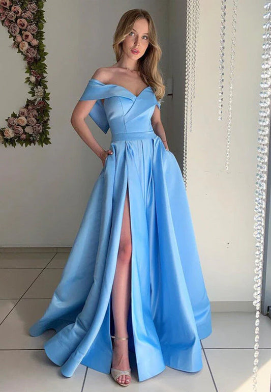 Wholesale Prom Dresses Blue A Line Off The Shoulder Floor Length Satin With Slit