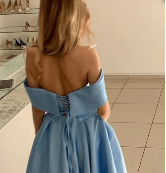 Wholesale Prom Dresses Blue A Line Off The Shoulder Floor Length Satin With Slit