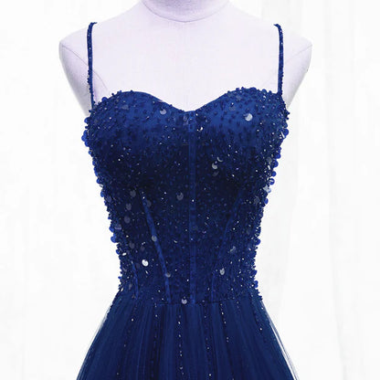 Blue Beaded Straps A-line Tulle New Prom Dress Party Dress Floor Length Party Dress Wholesale