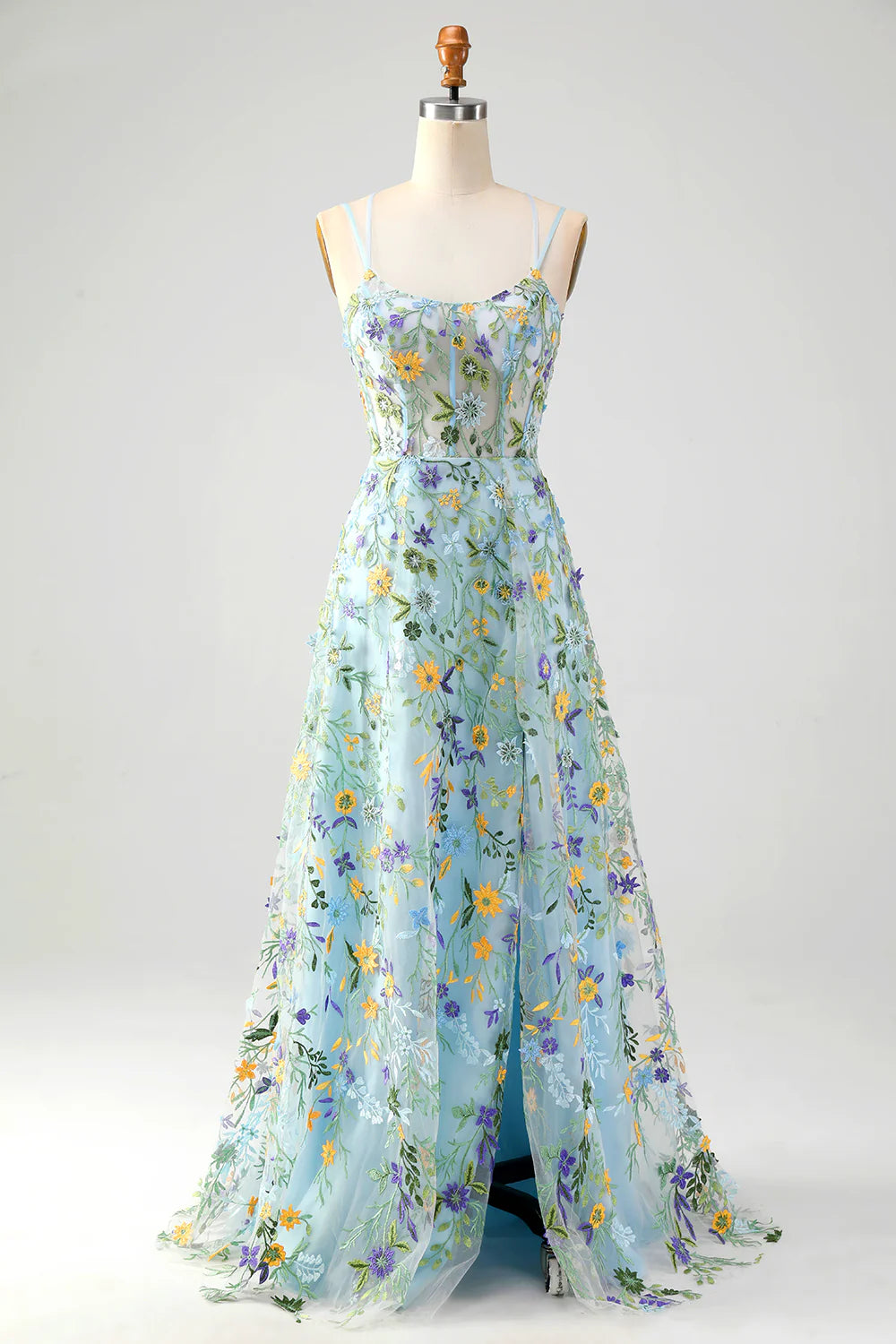 Aimishang Elegant A-Line Spaghetti Straps Long Prom Dress with Appliques Blue Flower Charming Evening Party Dress