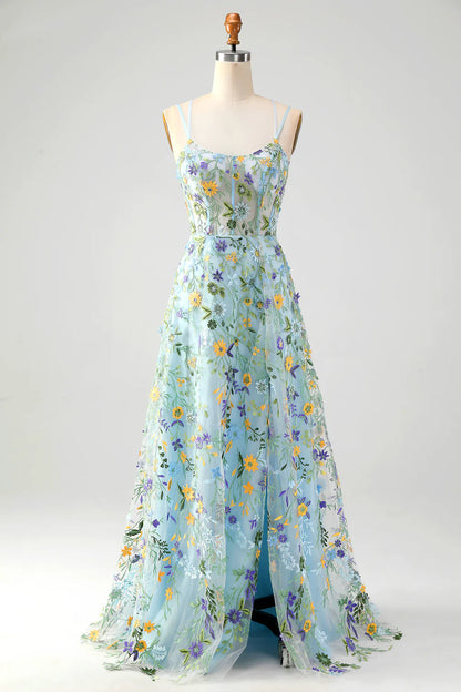 Aimishang Elegant A-Line Spaghetti Straps Long Prom Dress with Appliques Blue Flower Charming Evening Party Dress
