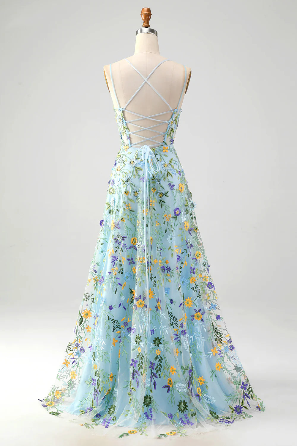 Aimishang Elegant A-Line Spaghetti Straps Long Prom Dress with Appliques Blue Flower Charming Evening Party Dress