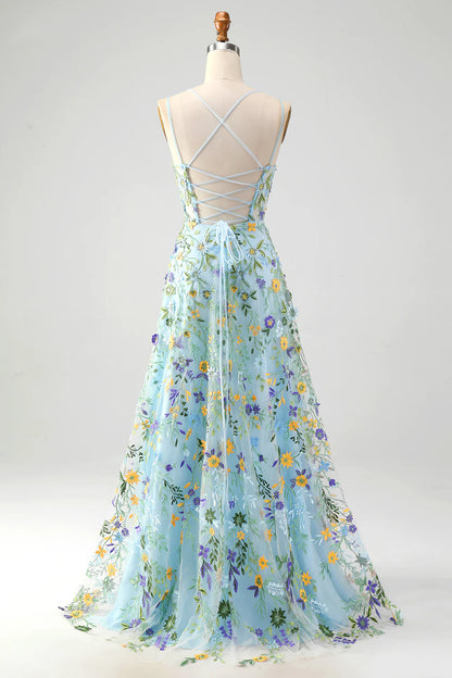 Aimishang Elegant A-Line Spaghetti Straps Long Prom Dress with Appliques Blue Flower Charming Evening Party Dress