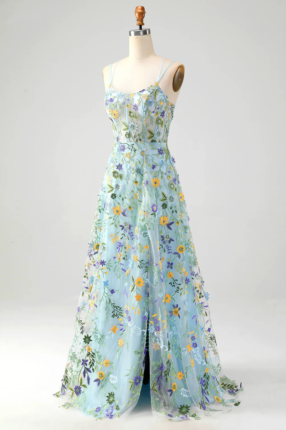 Aimishang Elegant A-Line Spaghetti Straps Long Prom Dress with Appliques Blue Flower Charming Evening Party Dress