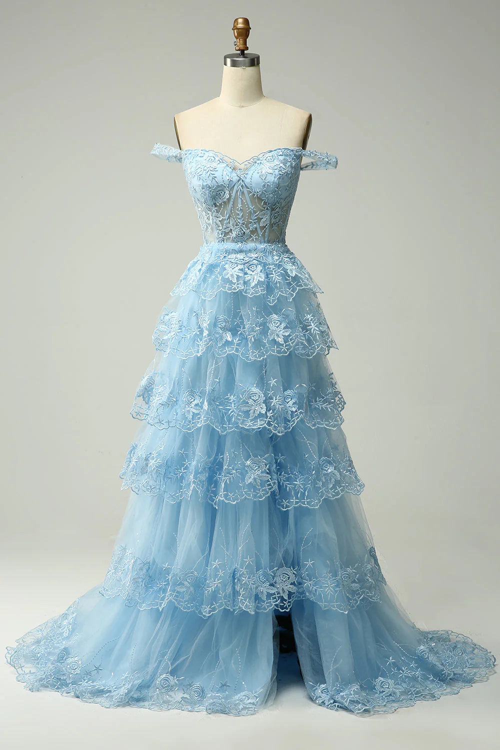 Aimishang Gorgeous Princess A-Line Off-the-Shoulder Tiered Lace Ruffles Long Formal Prom Dress Charming Evening Party Dress With Slit