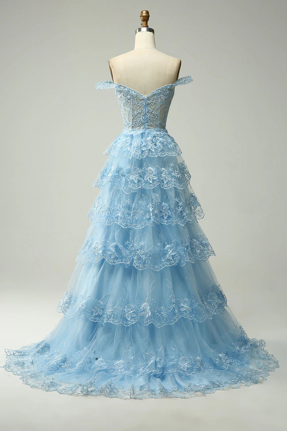 Aimishang Gorgeous Princess A-Line Off-the-Shoulder Tiered Lace Ruffles Long Formal Prom Dress Charming Evening Party Dress With Slit