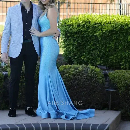 Aimishang Blue Mermaid Spaghetti Straps Sleeveless Long Formal Prom Dress Charming Graduation Dress Elegant Evening Party Dress