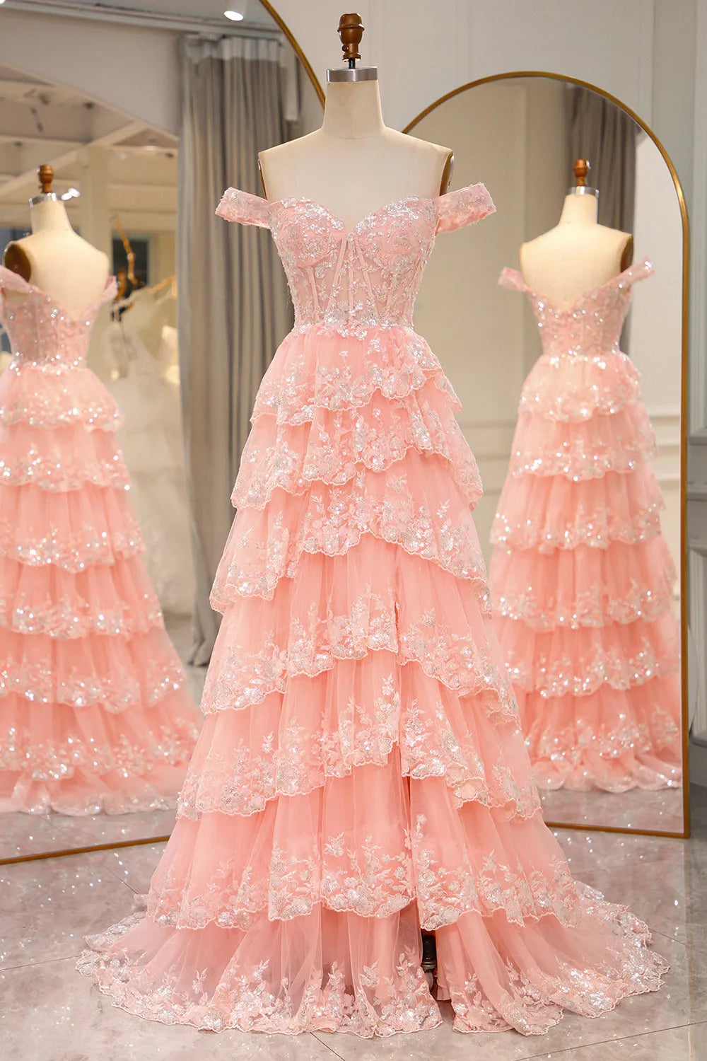 Aimishang A-Line Off The Shoulder Long Prom Dress Tiered with Sequin Charming Evening Party Dress