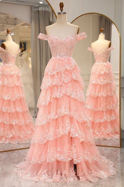 Aimishang A-Line Off The Shoulder Long Prom Dress Tiered with Sequin Charming Evening Party Dress